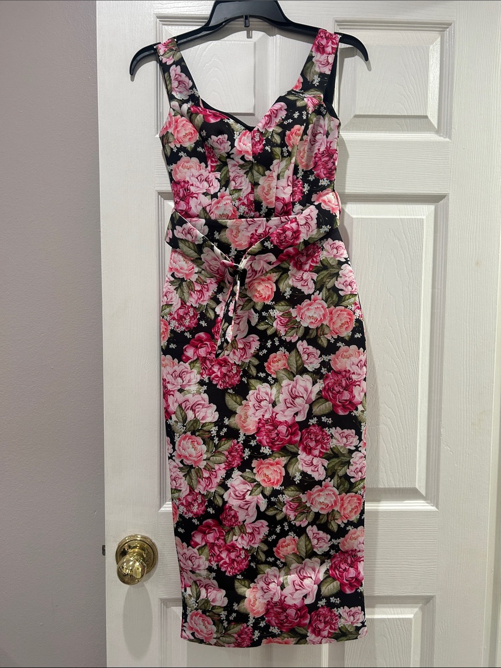 ASOS Black Midi Dress with Pink Rose Floral Print